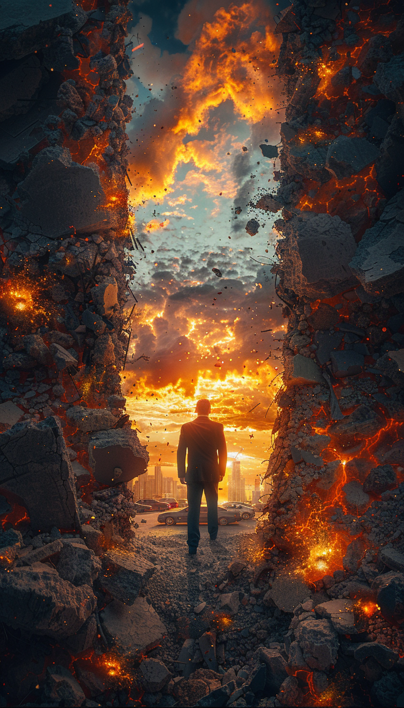 SJ PP - A_man_in_black_suit_breaking_through_the_wall_of_city