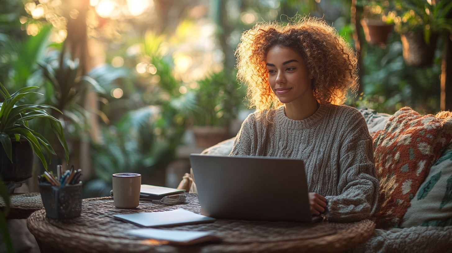 Image of smiling lady sitting with her laptop open 